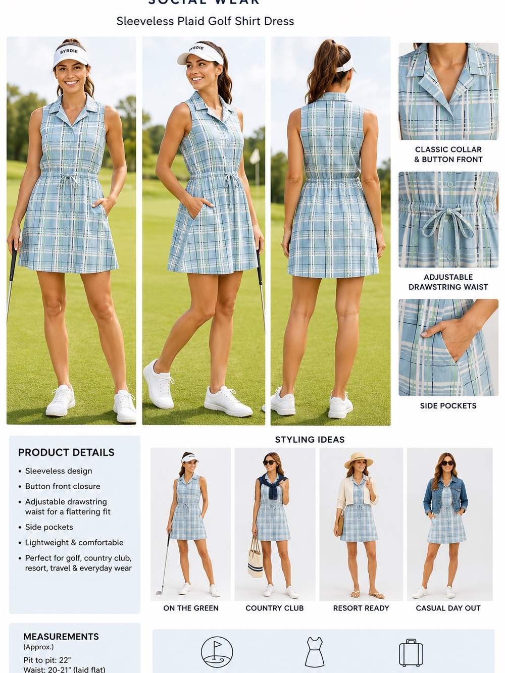 Byrdie Golf Social Wear XXL Blue Plaid Sleeveless Golf Shirt Dress Drawstring